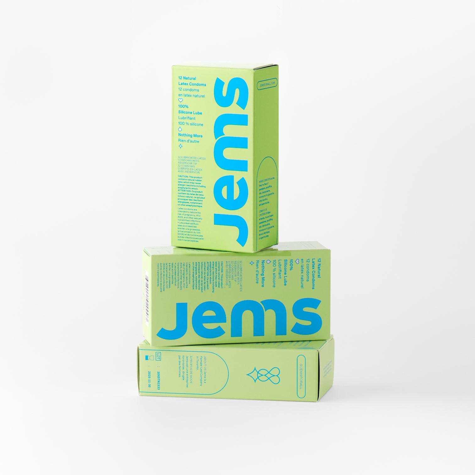 three 12 pack boxes of Jems natural rubber latex condoms