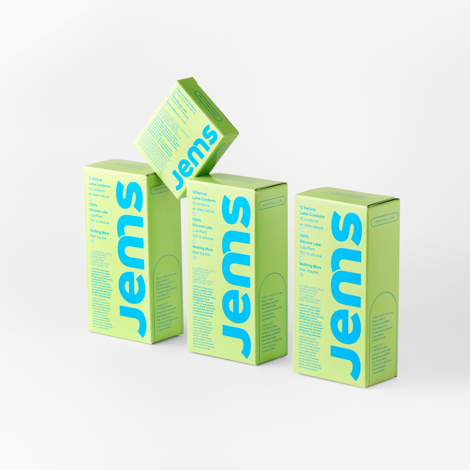boxed bundle of Jems natural condoms, three 12 packs, one 3 pack